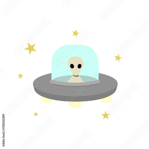 minimalist cute alien inside a flying saucer spaceship UFO surrounded by stars, clean modern flat vector style. 
