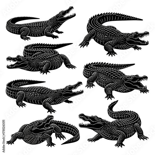 "Alligator Silhouette Clipart Set – Black Crocodile Vector Illustrations"