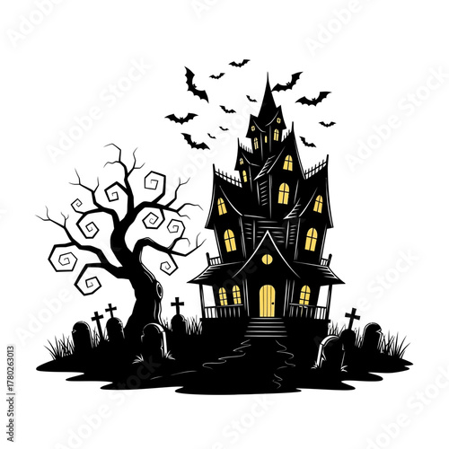 "Haunted House Clipart – Spooky Halloween Gothic Mansion Illustration"
