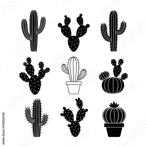 "Cactus Silhouette Clipart Set – Desert Plant Vector Icon Collection"
