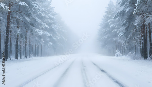 Winter Wonderland Snowy Road Through Majestic Pine Forest