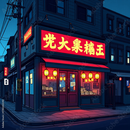 Neon lit asian restaurant on a dark city street at night