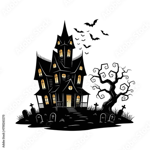 "Haunted House Clipart – Spooky Halloween Gothic Mansion Illustration"