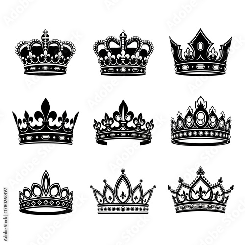 "Royal Crown Clipart Collection – Black and White King & Queen Tiara Icons"