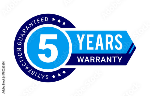 Modern 5 years warranty badge vector with satisfaction guaranteed label in blue color with ribbon and arrow