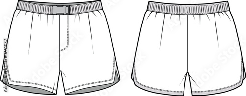 Men’s running shorts front and back technical flat, cad vector illustration, activewear fashion sketch, sportswear garment, elastic waistband detail