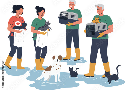 Four volunteers in rubber boots holding pet carriers and animals while standing in floodwater with pets around them.