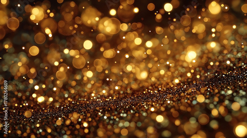 The image is a close up of a gold glittery surface with many small, round, shiny specks. Scene is one of luxury and opulence, as the gold glitter is often associated with wealth and extravagance