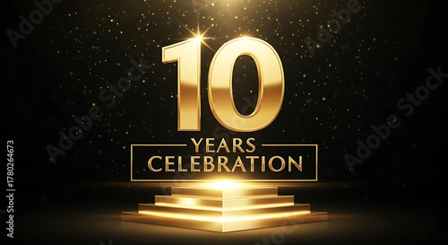 Golden 10 years celebration text with podium and sparkles on black background