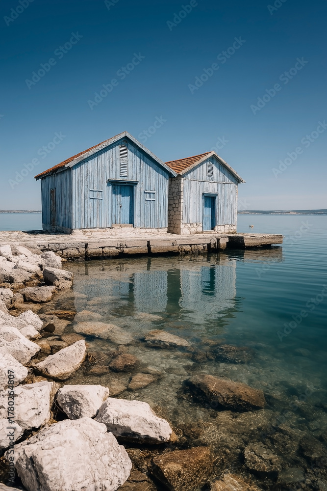 Fototapeta premium Two blue houses are on a dock by the water. The water is calm and the sky is clear