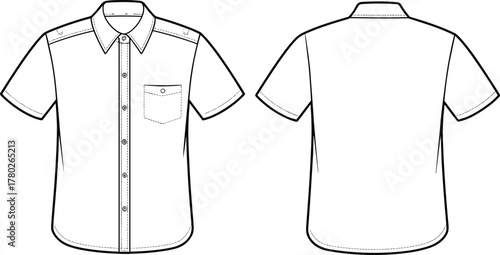 Men’s short sleeve shirt cad drawing flat vector illustration, button-up shirt technical sketch, front and back fashion template