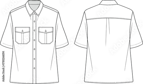 Men’s short sleeve shirt front and back flat sketch with chest pockets, button-up design, detailed vector fashion CAD template