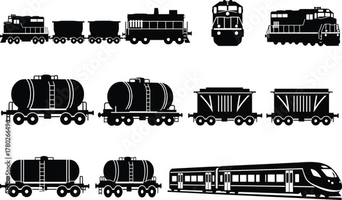 Diesel locomotives, freight wagons, tank cars, and modern high speed passenger train vector illustration, detailed silhouette set showing evolution of railway transport design