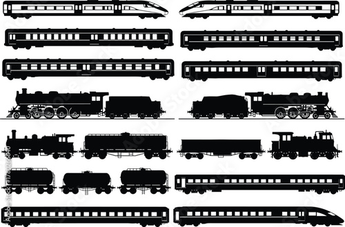 Modern high speed trains and vintage steam locomotive silhouettes collection, railway transport black vector illustration set for travel, cargo, and transportation design