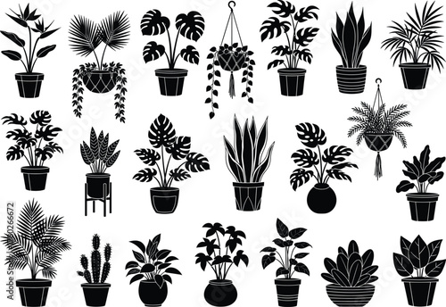 Modern indoor houseplants black silhouette collection, decorative potted tropical plants vector illustration, minimal botanical foliage design for home garden decoration art