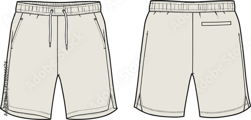 Men’s shorts, CAD fashion sketch, technical flat drawing, drawstring waist, zipper pockets, back welt pocket, front and back view.
