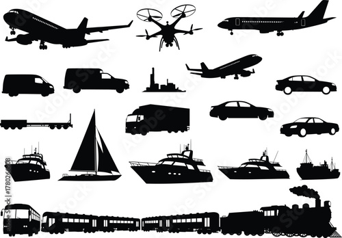 Silhouette collection of transportation vehicles vector illustration including airplanes, cars, trucks, ships, trains, drones, and boats for travel, logistics, and delivery design