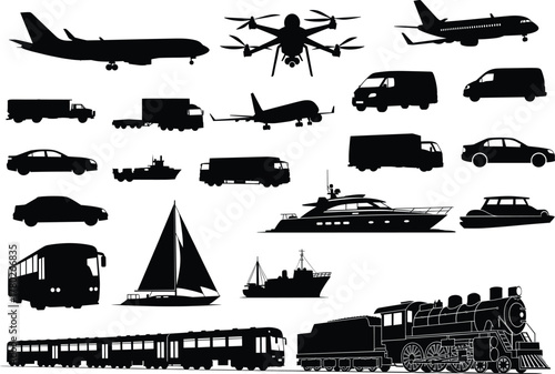 Silhouette vector collection of transportation vehicles including airplanes, cars, buses, trains, ships, trucks, and drones for travel, logistics, and delivery design