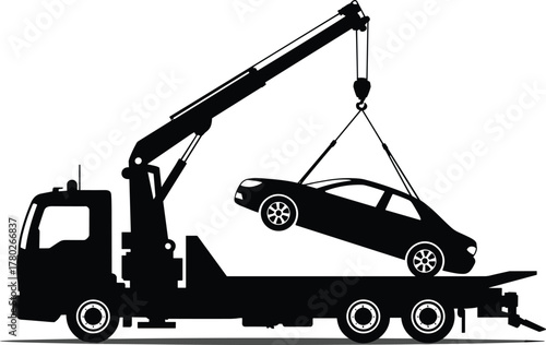Tow truck lifting car silhouette vector illustration showing vehicle recovery, roadside assistance, emergency transport and automotive repair service concept for design and advertising.eps