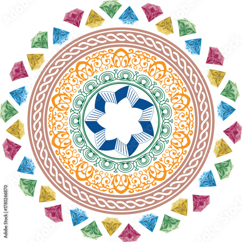 Decorative Mandala Design with Jewels and Intricate Circular Patterns Artwork