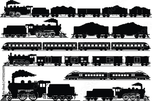 Vintage and modern steam train set, freight and passenger locomotives vector illustration, silhouette railway transport collection for retro industrial and travel design concepts