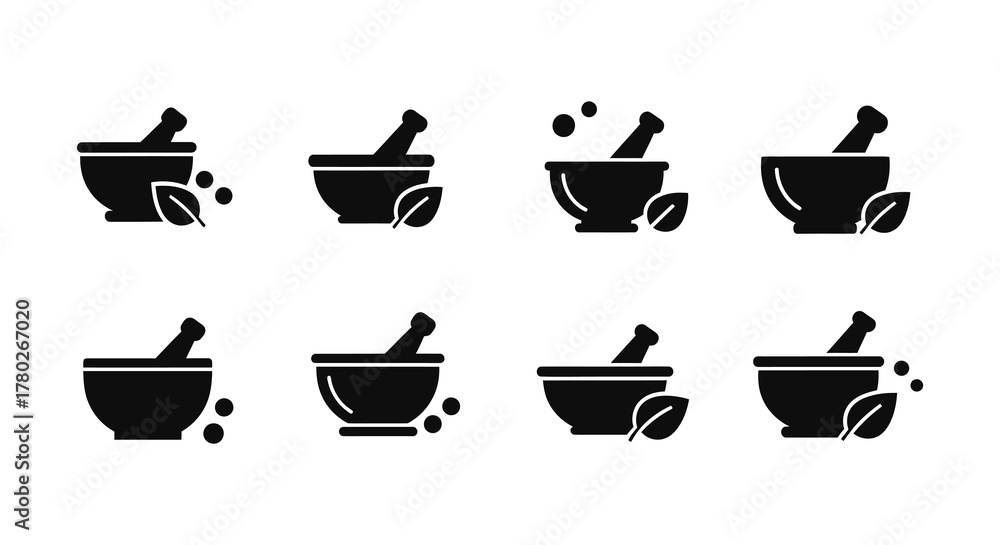 Obraz premium Collection of mortar and pestle icons with herbal leaf elements displayed