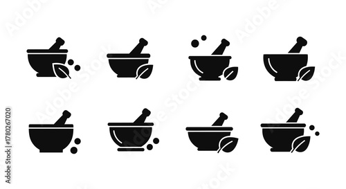 Collection of mortar and pestle icons with herbal leaf elements displayed