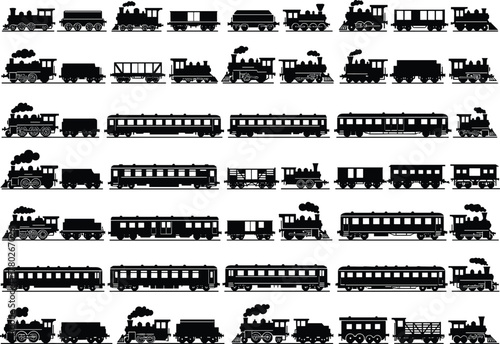 Vintage steam locomotive and classic train silhouettes collection, retro railway transport icons set, black silhouette vector illustration for transportation design and decoration