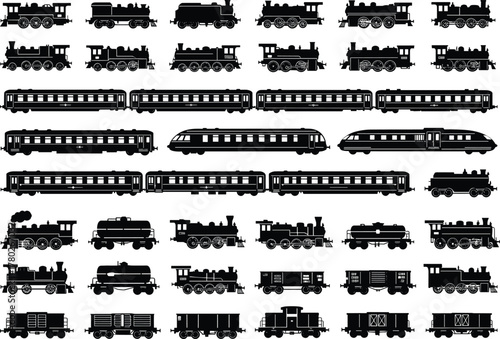 Vintage steam and modern train silhouette collection, retro locomotive icons set, black railway transport vector illustration, cargo and passenger train design elements