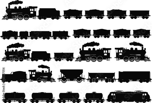 Vintage steam locomotive and freight train silhouette collection, retro railway transport vector illustration set with classic wagons, old engines, and industrial cargo design