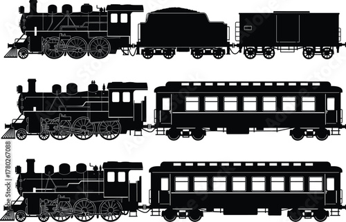Vintage steam locomotive and passenger train car silhouette set vector illustration for retro railway transport, industrial design, and historical travel projects