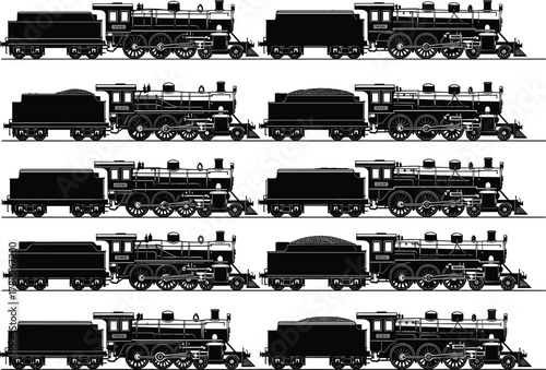 Vintage steam locomotive silhouette set, classic retro train vector illustration of old railway engines for transport, travel, industrial, and heritage design