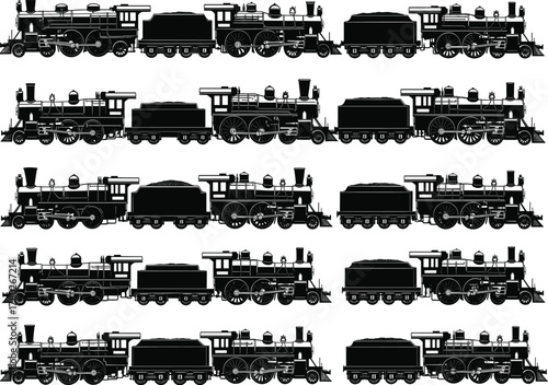 Vintage steam locomotive silhouette vector collection of old trains and railway engines, classic retro transportation design for travel, heritage, and industrial illustration