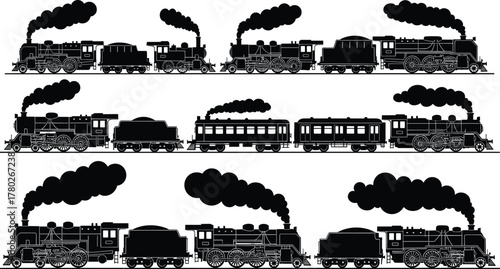 Vintage steam locomotive train silhouette collection, retro railway transport vector illustration with smoke, old industrial engine artwork for classic travel design projects