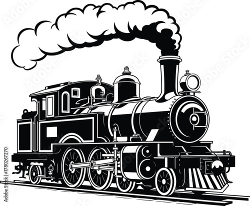 Vintage steam locomotive train vector illustration, classic retro engine design, historical railway transportation, old-fashioned travel concept, smoke steam graphic art