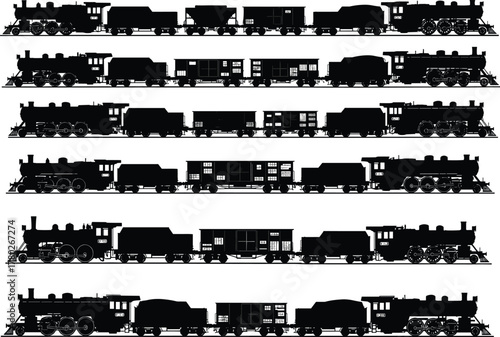 Vintage steam locomotive train silhouette set, detailed retro railway vector illustration with old classic engines and wagons for transport design and decoration