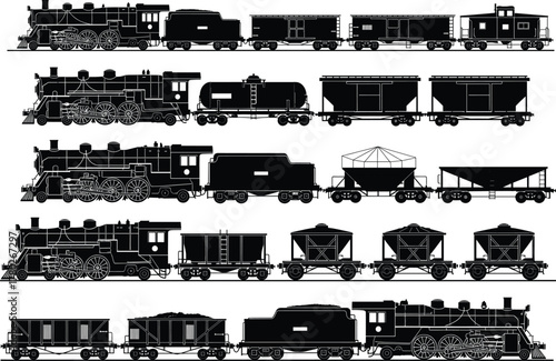 Vintage steam locomotive with freight wagons vector illustration, retro industrial train silhouette design, classic railway cargo transport for logistics and transportation artwork