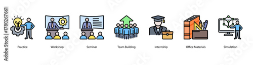 Training Essentials web banner vector illustration featuring Practice, Workshop, Seminar, Team Building, Internship, Office Materials, and Simulation. Perfect for professional education visuals.