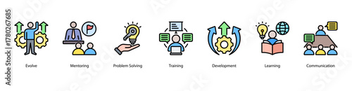 Professional Growth web banner vector illustration featuring Evolve, Mentoring, Problem Solving, Training, Development, Learning, and Communication.