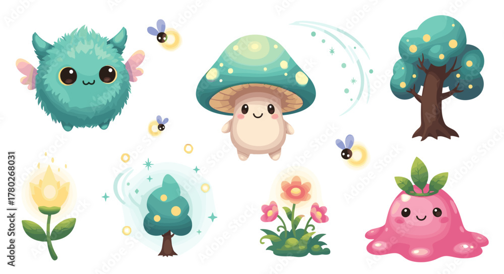 Naklejka premium A set of whimsical vector illustrations of The Wonder and Joy Fantasy Characters 