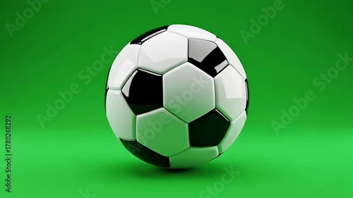3D Render of a Classic Black and White Soccer Ball Rotating on a Vibrant Green Background