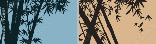 Set of two high-contrast bamboo forest backgrounds. Features hand-drawn black silhouettes against a pale blue and tan background, inspired by traditional Asian ink painting and nature art.