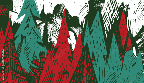 Grungy, hand drawn Christmas forest in festive red, green, and white. Features woodcut inspired pine trees and textured brushstroke elements, perfect for a bold, non-traditional holiday background.