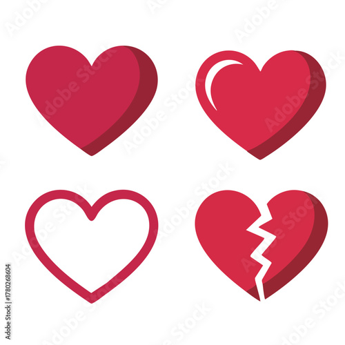 Four Stylized Vector Icons Representing Love and Broken Love, heart, love, valentine, vector, illustration
