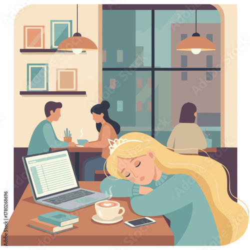 Sleeping Beauty at a Coffee Shop

Whimsical flat vector illustration of Sleeping Beauty dozing off at a modern coffee shop table, open laptop and half-finished latte,