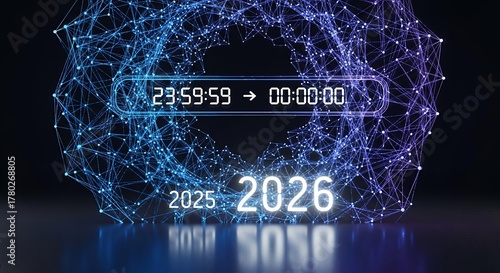 Futuristic New Year's Eve countdown from 2025 to 2026 with a digital clock and abstract network.