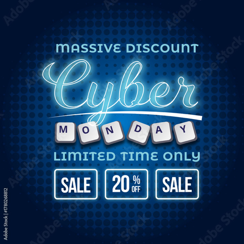 Cyber Monday Sale Banner With Disc Up to 20% off. Vector. Illustration. Massive Discount.  Limited Time Only.