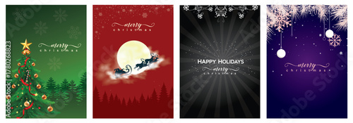 Four vertical christmas banners with festive designs including a tree santa lights and snowflakes