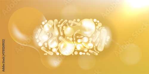 Probiotic and Hyaluronic acid skin solutions ad, gold collagen, and vitamin serum drop with cosmetic advertising background ready to use illustration vector.