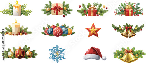 Christmas icons with gifts, ornaments, candles, and festive decor